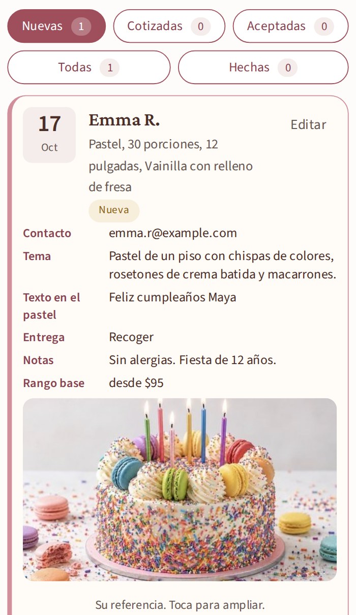 La solicitud como la ve la pastelería: fecha, personas, tamaño, sabor, tema, foto, lista para cotizar.