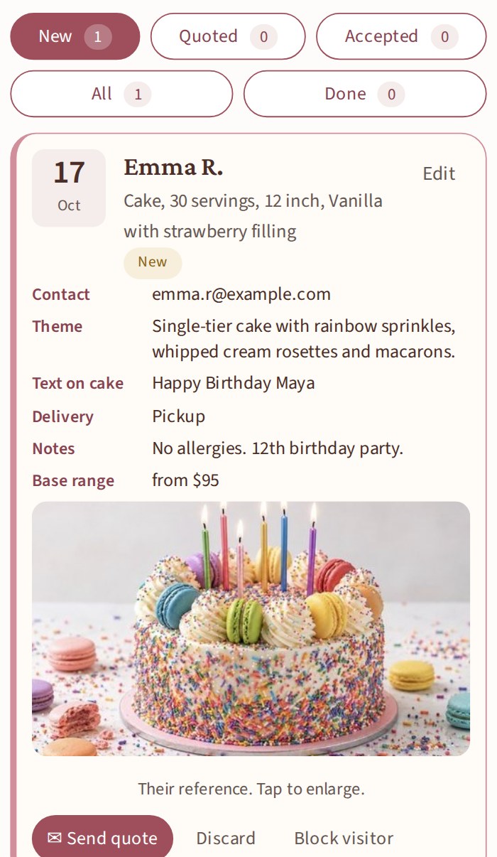 The request as the baker sees it: date, servings, size, flavor, theme, photo, ready to quote.
